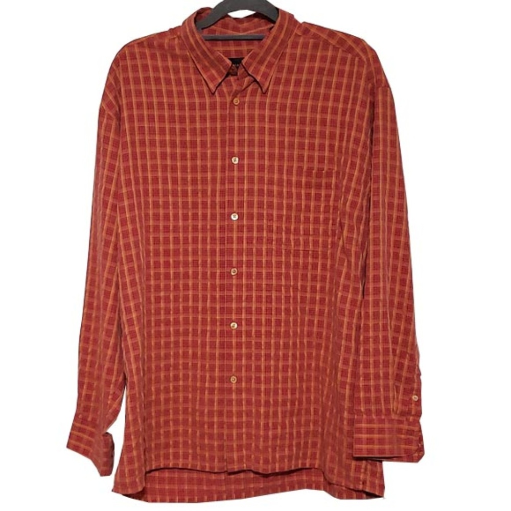 Bugatchi Uomo Orange Red Plaid Buttonup Mens Shirt